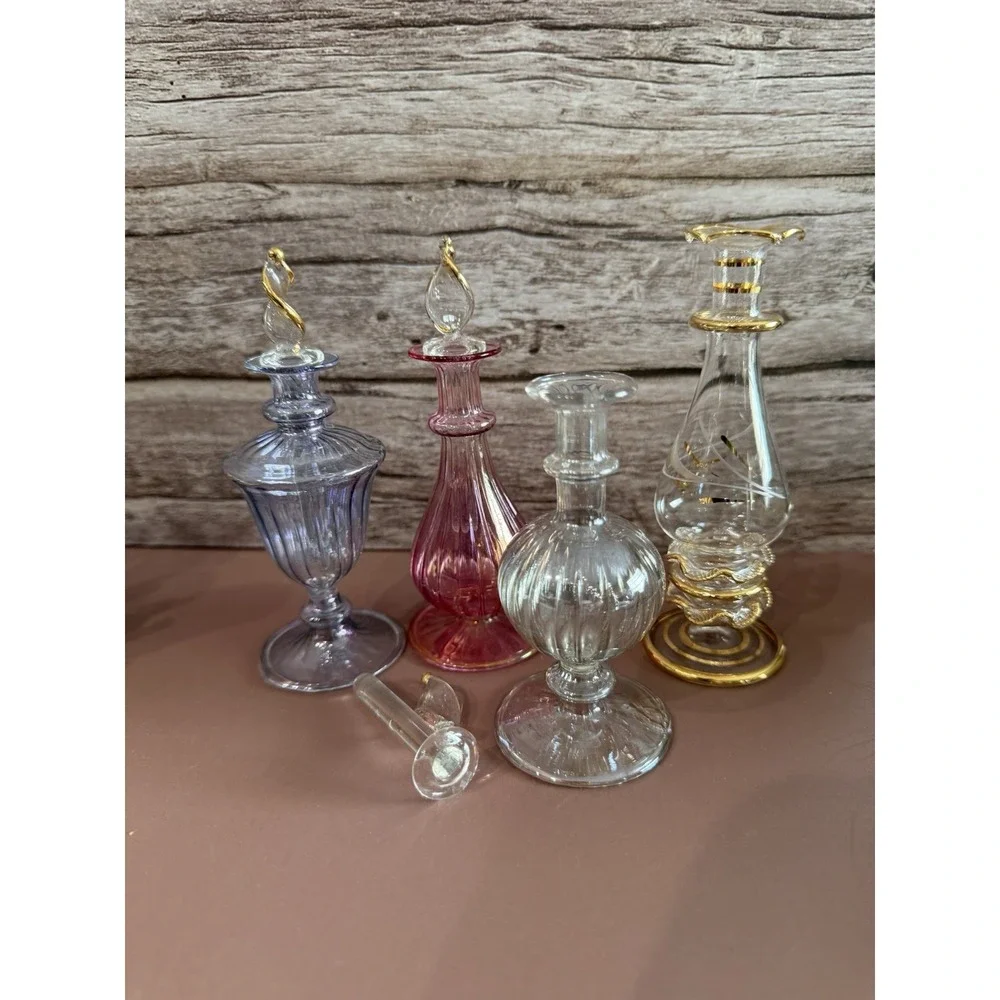 Vintage Egyptian Hand Blown Glass Perfume Bottle Set Etched SEE PICS